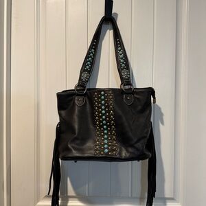 American Bling Studded Black Leather Tote Bag with Fringe